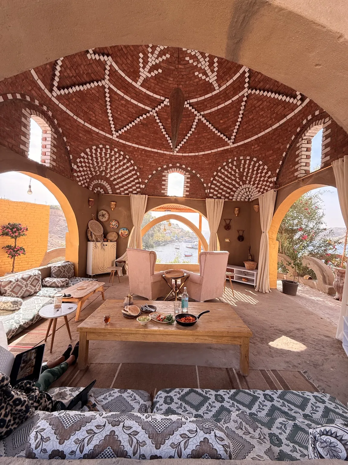 Handcrafted Nubian brick dome and open arches at Nubian Royals Sanctuary, Heisa Island, Aswan, Kemet