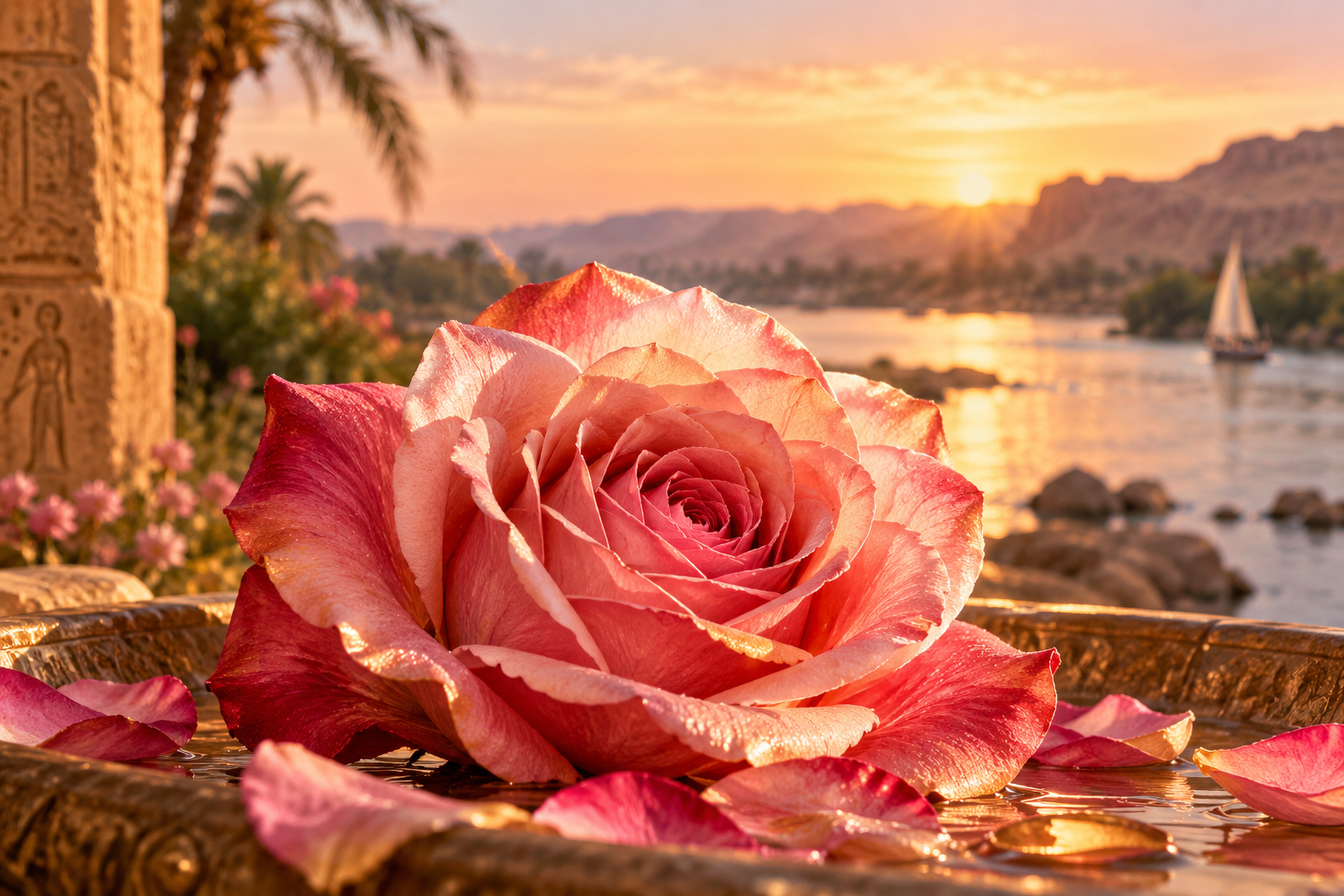 A fully bloomed pink rose resting in an ornate basin of shallow water at sunset, loose petals floating, with a felucca under sail and a carved sandstone column beyond