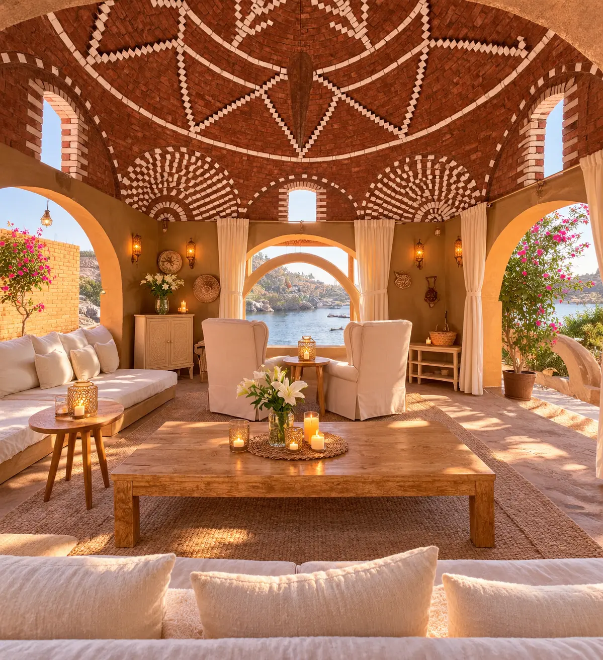 Open-air Nubian lounge beneath a patterned brick dome, with low cushioned seating, lit lanterns and flowering bougainvillea opening to the Nile and rocky hills
