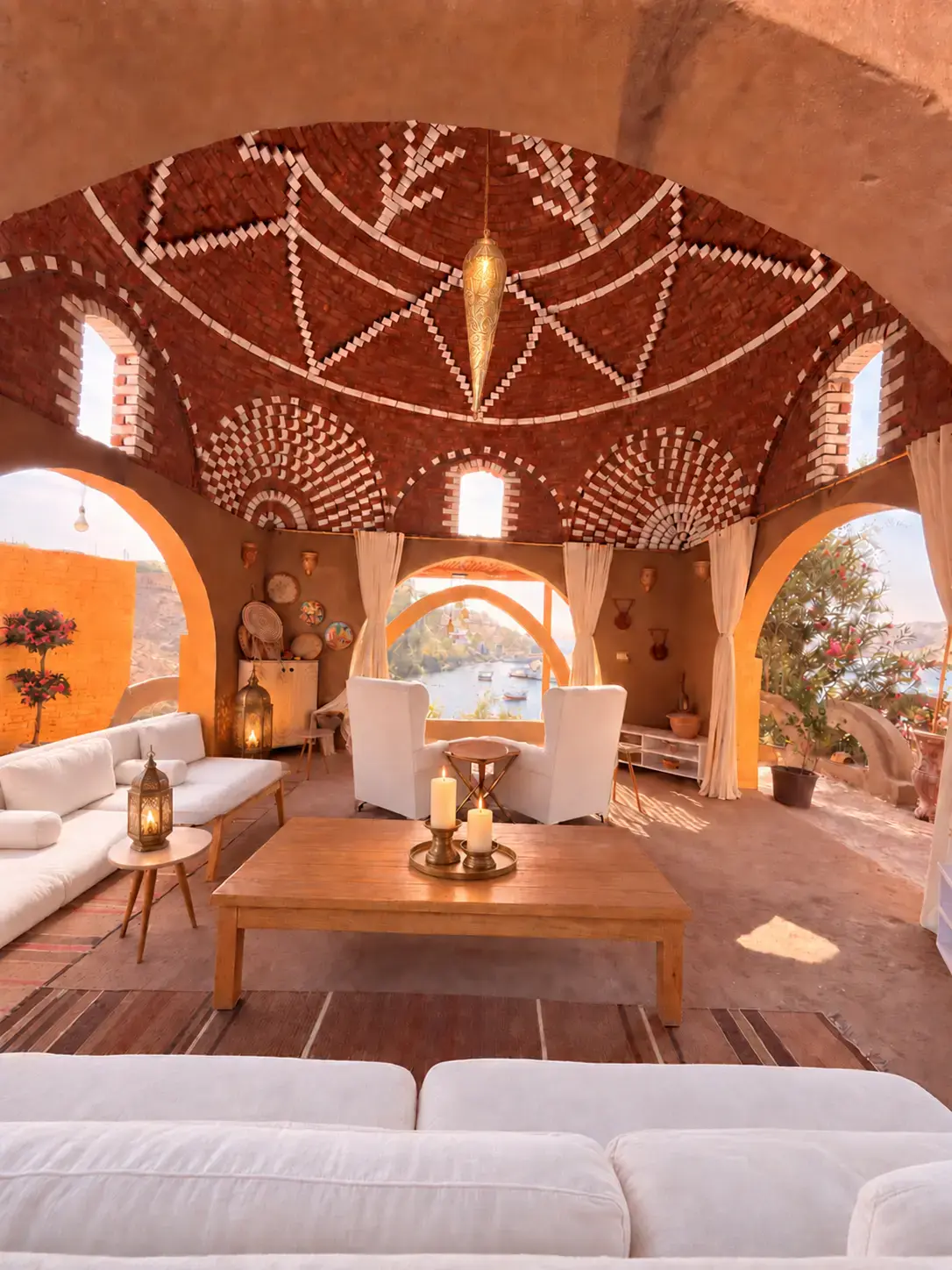 The Love Temple at Nubian Royals Sanctuary, with a patterned brick dome, white seating, golden lighting and views of the Nile.